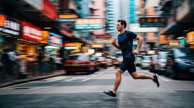 Runner amid saturated daytime city motion blur streaks