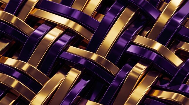 Interwoven purple and gold metallic ribbon abstract background