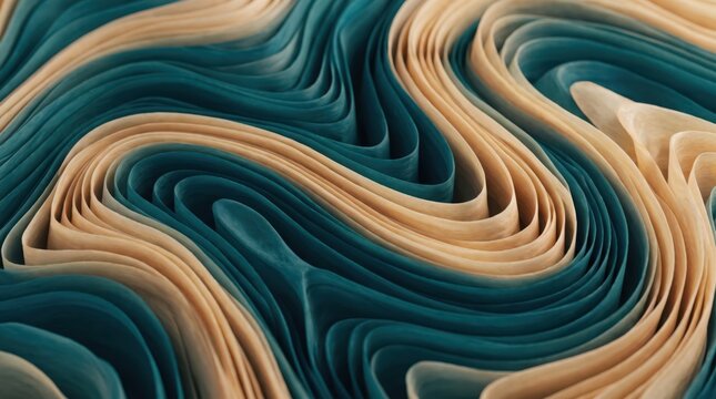 Flowing teal and beige layered abstract paper texture