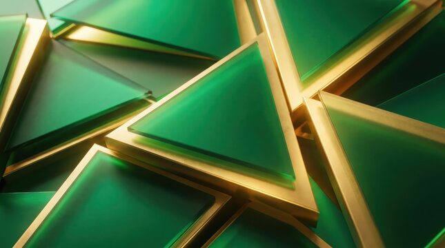 Emerald glass triangle with gold frame abstract background