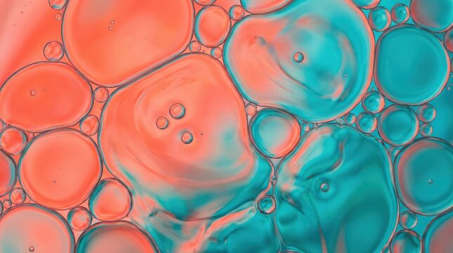 Coral and turquoise oil bubble abstract texture background