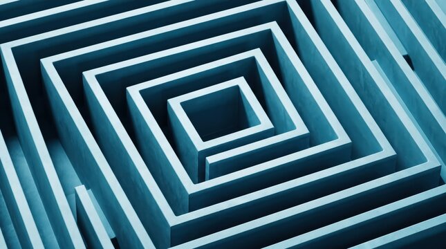 Abstract blue geometric maze with layered square pattern