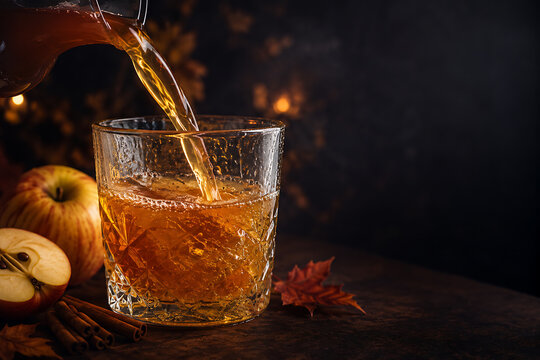 Apple cider being poured into a glass with cinnamon sticks and apples