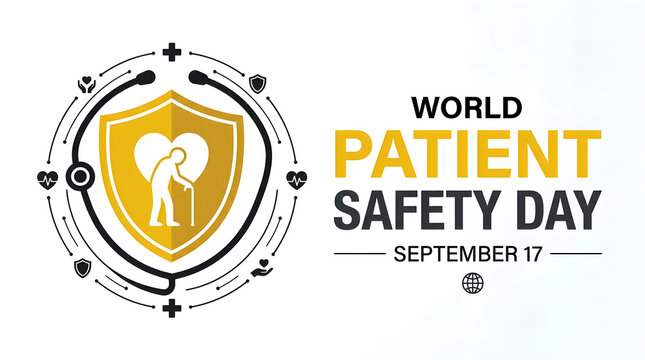 World patient safety day banner featuring a medical shield stethoscope icon and elderly person