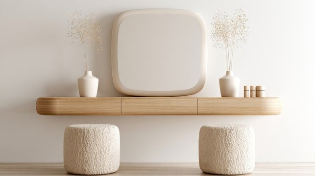 Contemporary wooden wall-mounted vanity with a rounded mirror and soft textured ottomans. Ideal for minimal home styling and interior photography concepts.
