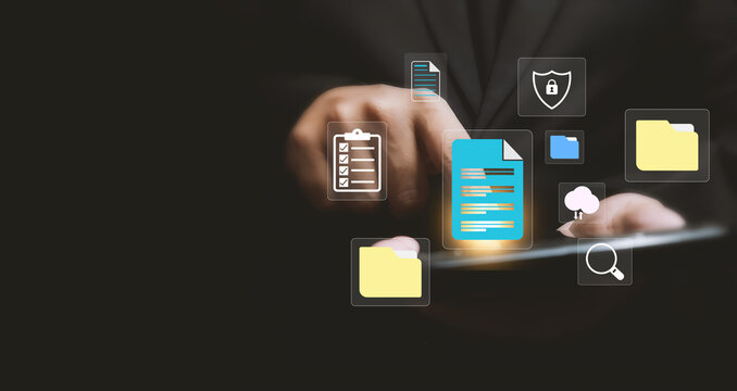 Digital document management system with virtual file icons on a smartphone, showcasing secure data storage, cloud collaboration, electronic records, workflow automation, productivity, and cyberse