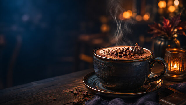 Hot chocolate with pumpkin garnish sits on a rustic wooden surface