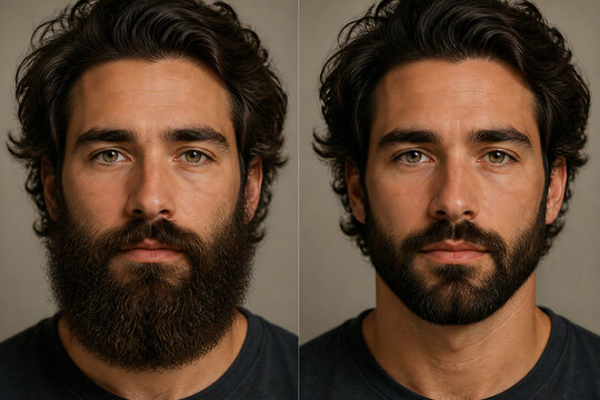 Two portraits of a bearded man are displayed side-by-side against a neutral background.