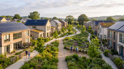 Fototapeta premium Sustainable Neighborhood with Energy Efficient Homes and Rooftop Solar Panels
