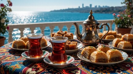 Fototapeta premium Turkish tea served with baklava and other sweets by the sea. Morning sunlight gleams on water. City skyline in distance. A traditional sweet breakfast.