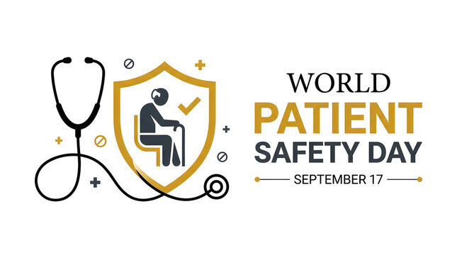 World patient safety day banner with elderly person silhouette in protection shield and stethoscope