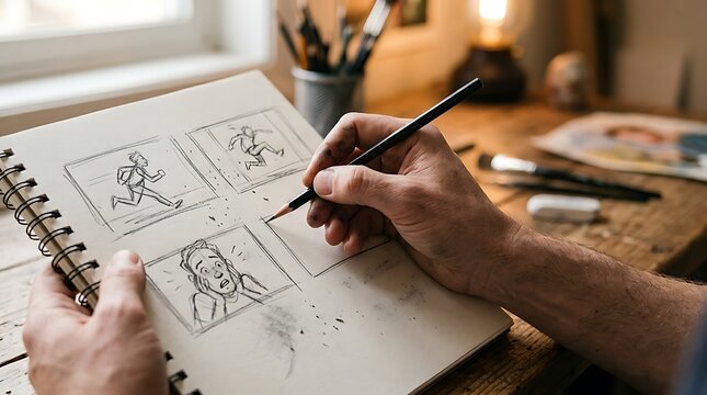 Artist sketching storyboard panels with pencil in a notebook on a wooden desk