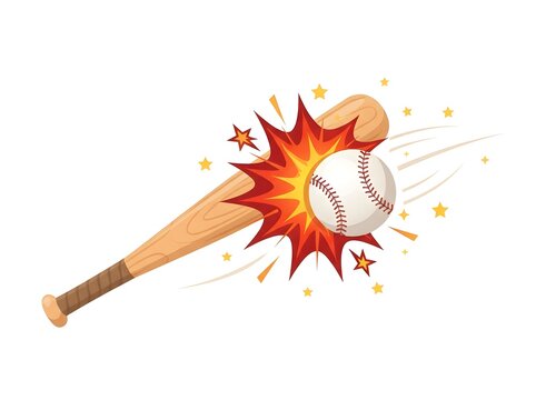 Watercolor illustration of a wooden baseball bat hitting a ball with a dynamic explosion effect