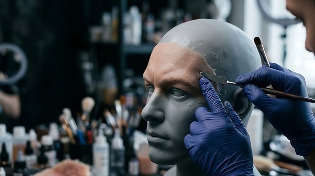 Artist applies prosthetic makeup to a mannequin head in a studio setting