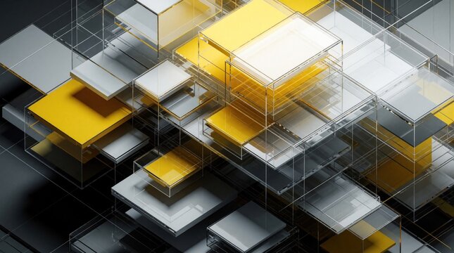 Geometric abstract composition with transparent layers and yellow squares. Modern structure design with clean lines and sharp angles. Futuristic architectural concept in 3D.