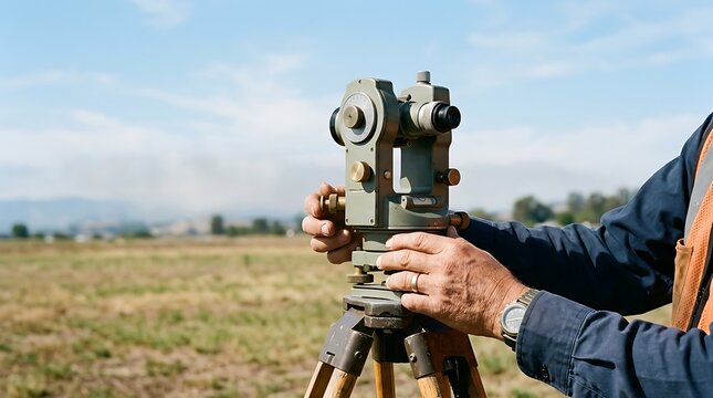 Surveyor operating a theodolite on a tripod in a field with distant hills under a blue sky