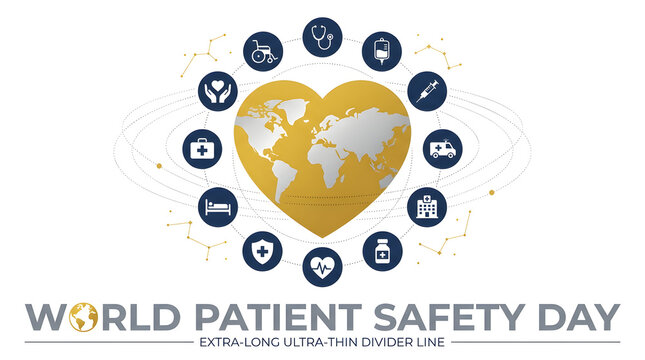 World patient safety day conceptual design with golden heart map and global medical icons, healthcare