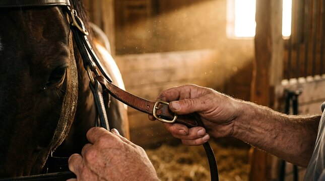 Farmer adjusting bridle on horse in barn with sunbeams