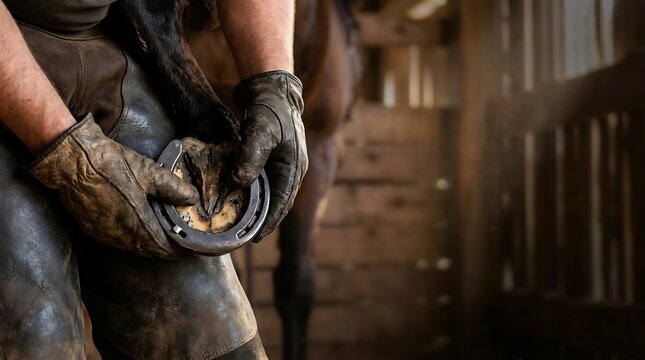 Farrier fitting horseshoe on horse hoof in rustic stable close up