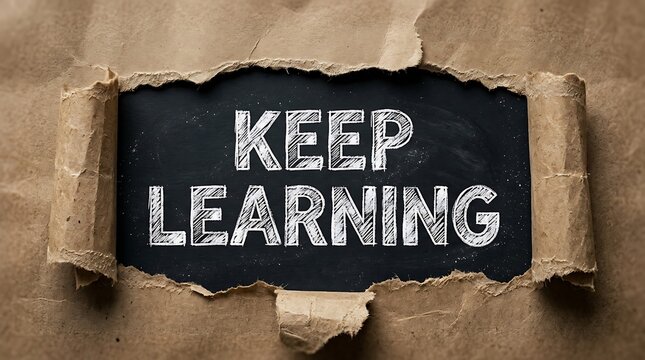 Keep learning message written in white chalk on a black chalkboard revealed through torn brown paper