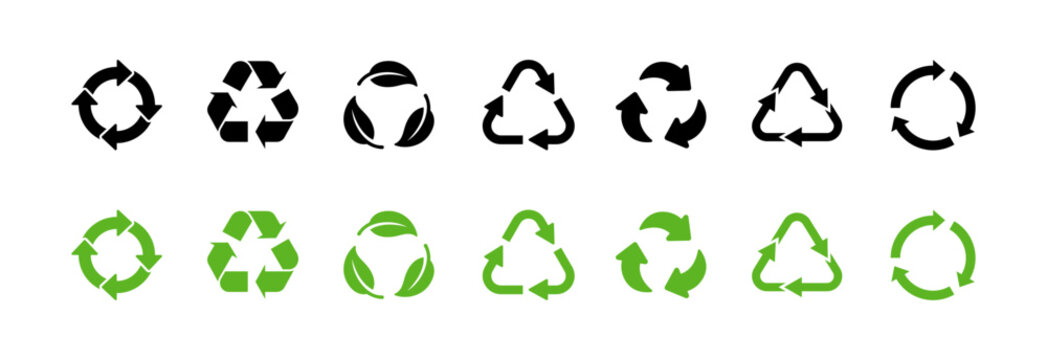 A comprehensive collection of recycling icons showcasing both black and green variations representing sustainability and environmental consciousness in a visually