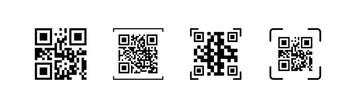 Collection of four different black and white square qr code designs on a white background