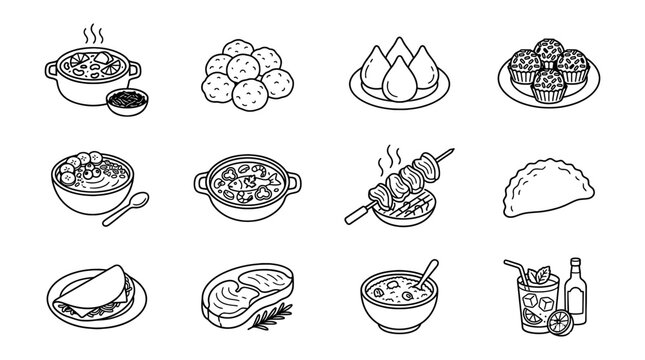 Brazilian Food Line Icons Set for Restaurant Menu Design, Food Packaging and Catering Branding