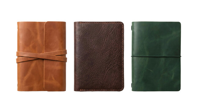 notebook journal three tan brown green transparent background set isolated arranged as a leather stationery collection for writing planning office supplies and premium gift promotions