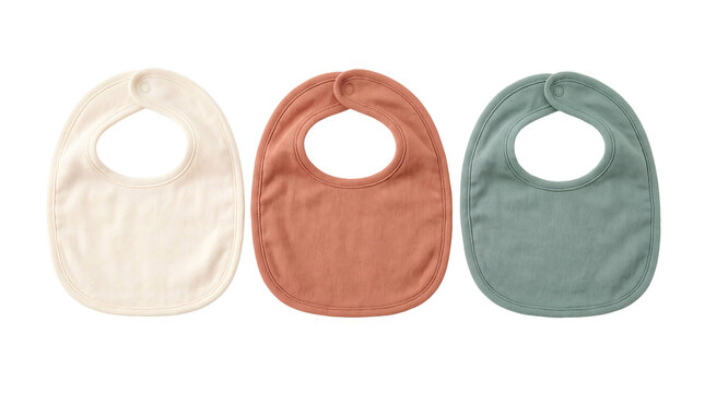 baby bibs three cream orange green transparent background set isolated Soft infant feeding bibs in warm colors for nursery catalogs parenting guides gifts and mealtime branding for commercial use