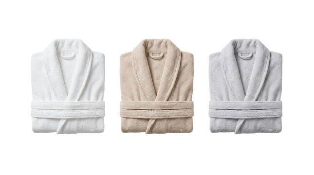 bathrobes three white beige gray transparent background set isolated collection Folded belted robes in neutral tones for hotel spa catalogs bathroom styling and home relaxation campaigns