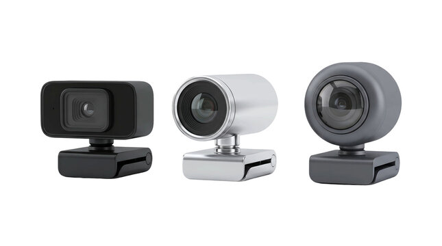 webcam camera computer three black silver gray transparent background set Computer cameras with varied housings and lens designs for remote work promotions streaming setups and tech catalogs