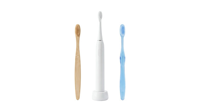 toothbrush dental hygiene three brown white blue transparent background set Manual and electric oral care tools arranged as a family set for dental hygiene campaigns and bathroom catalogs