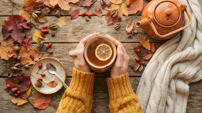 Cozy autumn tea time with warm sweater and fall leaves
