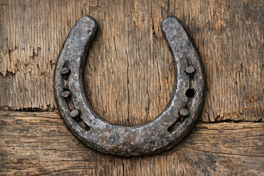 An old horseshoe rests on a wooden floor, perfect for rustic or vintage-themed contexts