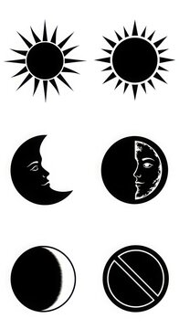 Celestial moon and sun icons set with sunburst graphics and crescent moon profiles with faces
