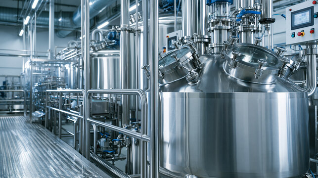 Industrial stainless steel fermentation tanks in a modern pharmaceutical or food processing plant. Represents advanced automated manufacturing technology and clean industrial.