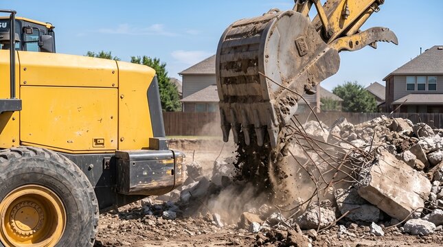 Heavy yellow excavator claw breaking concrete debris on a construction site with dust rising.
