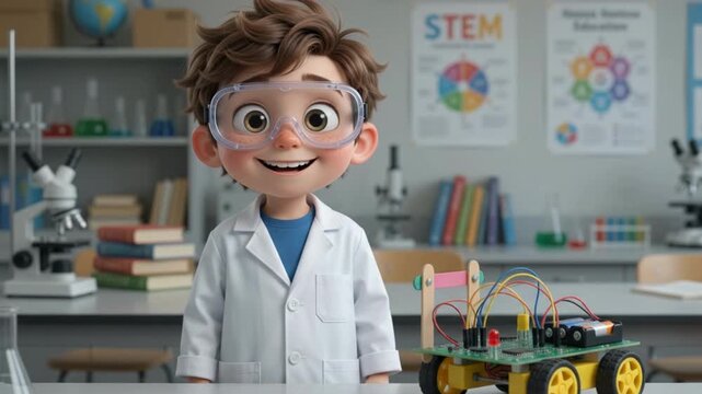 Cartoon Student with Robotics Project in School STEM Laboratory