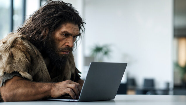 A humorous scene depicting a prehistoric Neanderthal man with messy hair and fur clothing sitting in a modern office, intensely focused on using a sleek laptop computer for work.