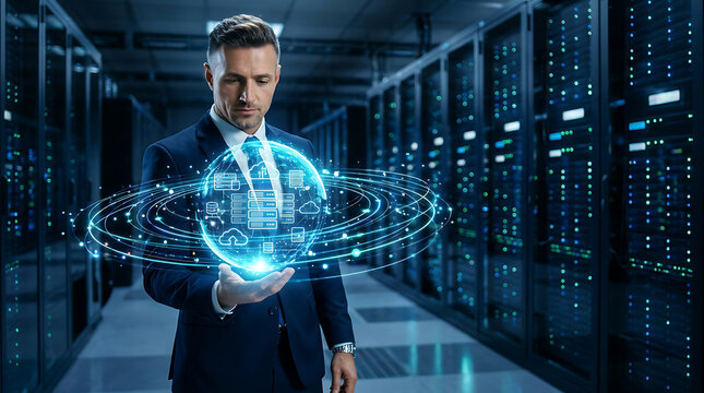 Businessman presenting glowing digital globe with data network in server room
