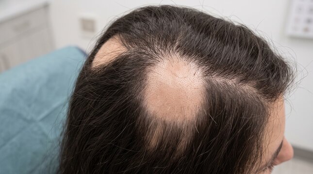 Close up of female scalp showing hair loss and thinning.