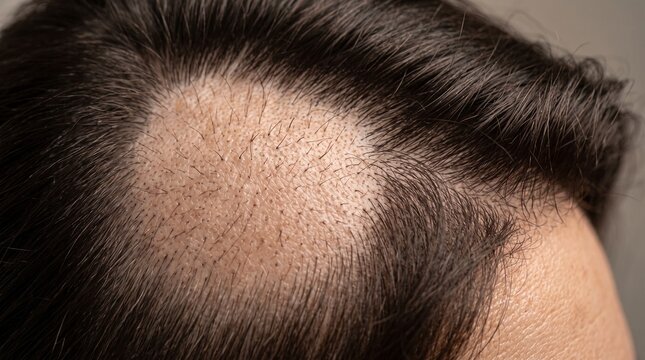 Close up of male pattern baldness on scalp.