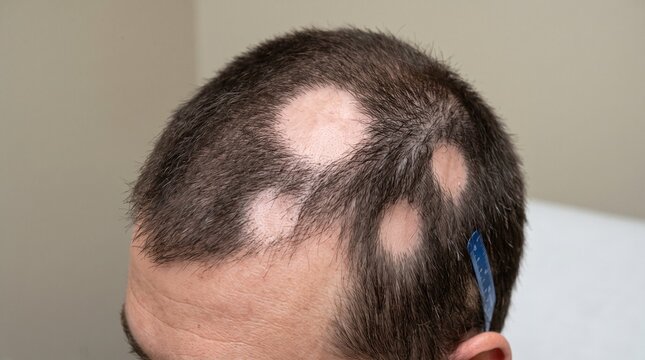 Close up of male scalp with visible hair loss patches.