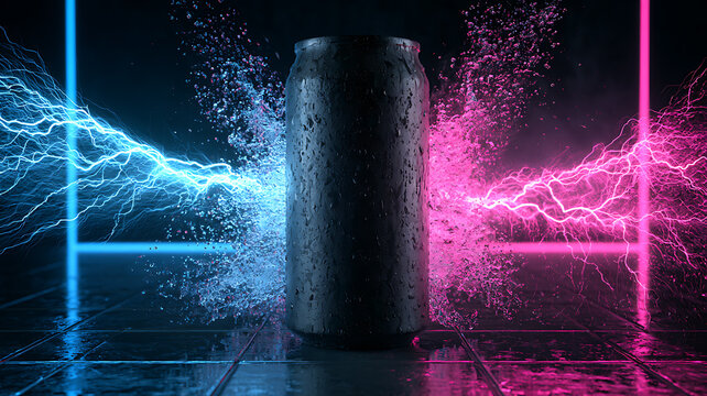Black energy drink can with blue and pink lightning and water splash