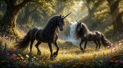 Fototapeta premium Two majestic black unicorns stand in vibrant flower field near waterfall. Sunlight streams through forest canopy illuminating flowing manes, ornate markings. Magical scene evokes fantasy, myth.