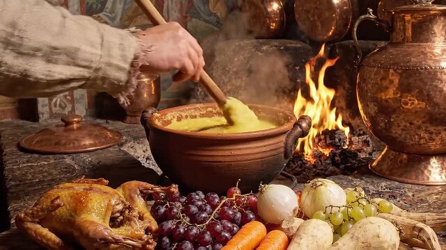 Farm fresh ingredients frame hand stirring warm yellow dish. Whole roasted poultry, grapes, carrots, onions, and turnips line wooden worktable while open flames heat copper cookware in rustic kitchen.