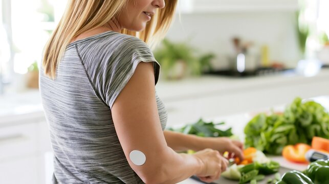 Woman wearing a continuous glucose monitor while preparing vegetables, illustrating personalized nutrition based on real-time glucose response, metabolic data and AI-driven dietary recommendations
