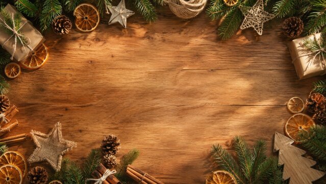 Rustic christmas flat lay with natural decorations and copy space