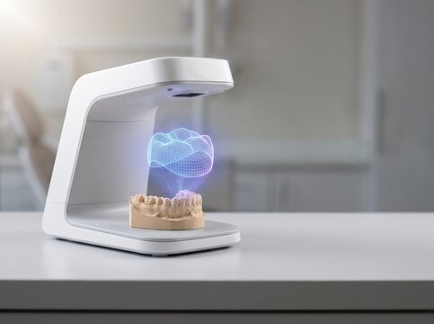 Dental 3D scanner projecting a holographic crown mesh above a stone teeth model