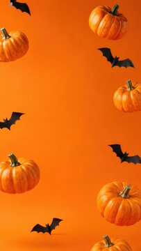 Halloween pumpkins and bats on orange background